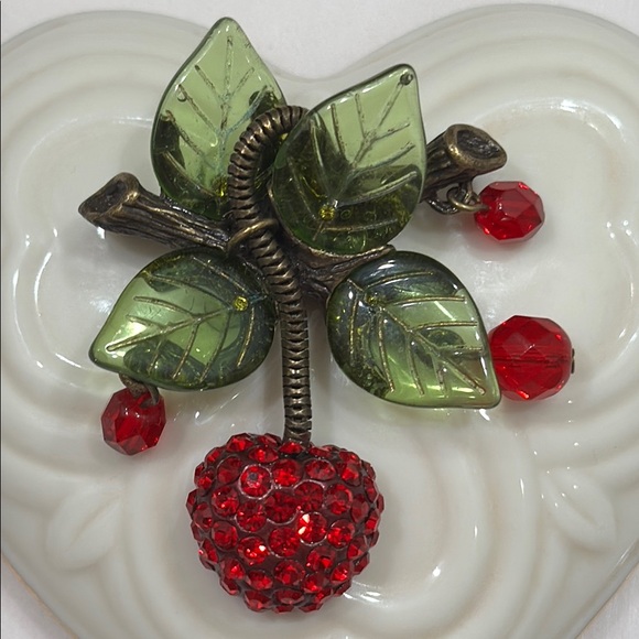 Sweet Romance Jewelry - Sweet Romance USA Cherry Brooch with Glass Green Leaves